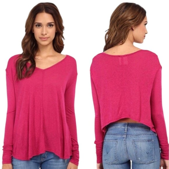 Free‎ People Sahara Top Linen Long Sleeve T Shirt Pink Oversized Crop Back Flowy - Picture 1 of 13
